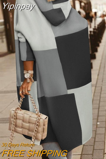 Yipinpay autumn winter 2023 Geometric Print Long Sleeve Hooded Coat casual Daily female fall outfits women